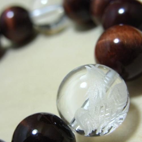 【即納可能】＜恋愛成就＞彫刻朱雀水晶φ14mm×レッドタイガーアイ（トラ目）φ12mm ブレスレット