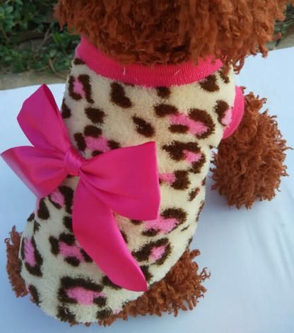 ペット用 リボン付き ヒョウ柄 ふわふわチョッキ ピンク/レッド★冬用犬服 愛犬 ハロウィン 洋服 ドッグサイズ 仮装【新品★未使用品】