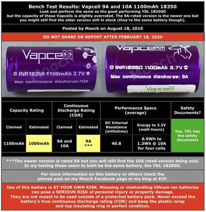 赤字上等★激安セール【在庫ラスト8個★即納可能】PSE取得済 Authentic Vapcell INR 18350 battery M11 1100mah 9A