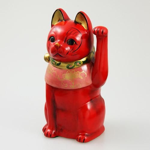 招き猫★古色猫 赤色★左手(人)招きで金運アップの招き猫【新品★未使用品】