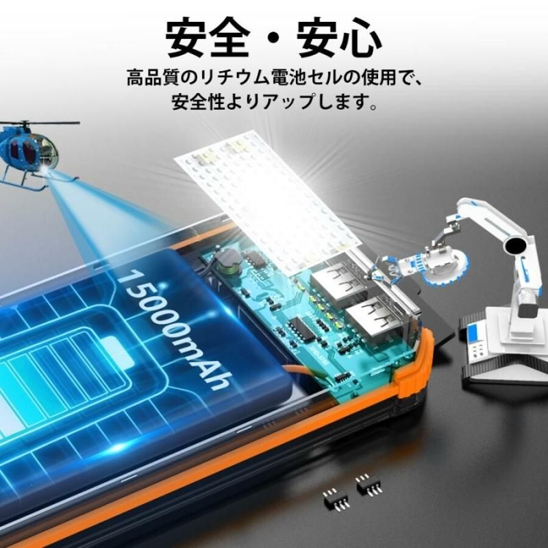 【お取り寄せ★納期 最長 約2週間】ソーラー モバイルバッテリー 大容量 15000mAh★ソーラー充電器 太陽能 充電器 SOS 薄型 2台同時充電 スマホ充電器