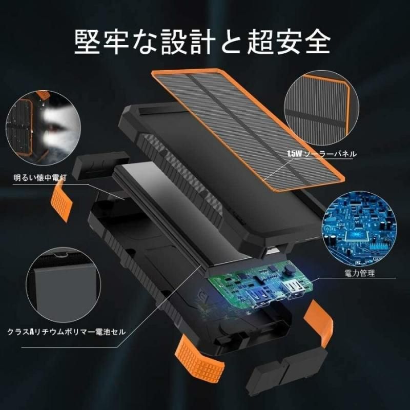 【お取り寄せ★納期 最長 約2週間】ソーラー モバイルバッテリー 大容量 15000mAh★ソーラー充電器 太陽能 充電器 SOS 薄型 2台同時充電 スマホ充電器