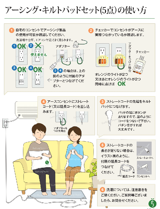 【メーカー直送】アーシング キルトパッド 5点セット★配線かんたん健康法 キルトパッドとよく使うアクセサリーをセットに