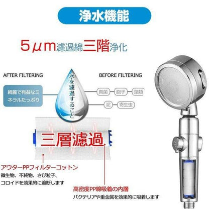 【お取り寄せ★納期 最長 約2週間】シャワーヘッド 節水 塩素除去 角度調整 3段階吐水モード 高水圧 浄水 増圧 止水ボタン 水量調整機能付き シルバー