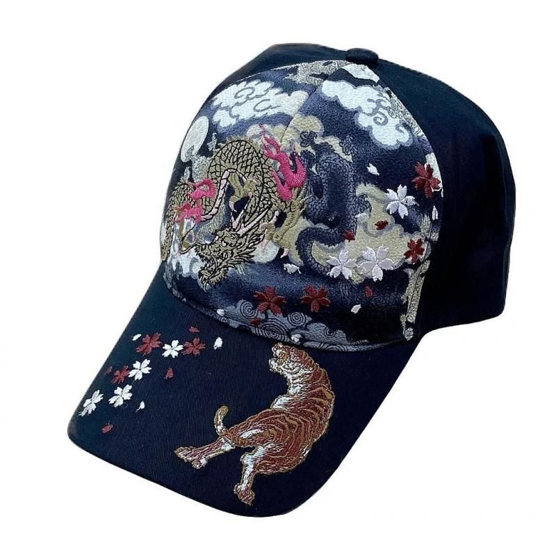 【お取り寄せ★納期 最長 約2週間】Ripple 刺繍綿CAP 龍虎Ｂ/黒★華やかでカッコイイ刺繍！日本製ちりめん生地使用！