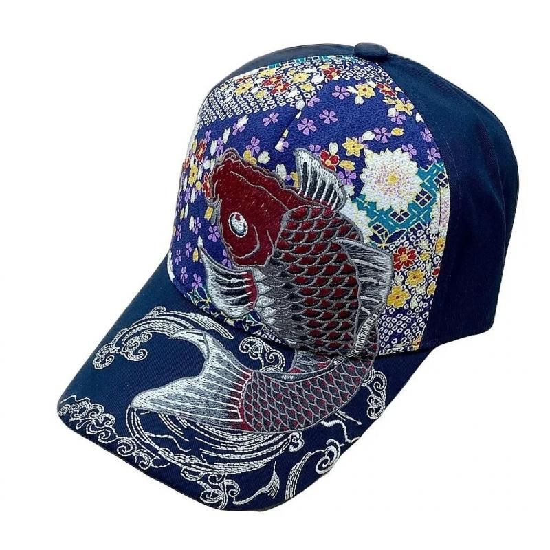 【お取り寄せ★納期 最長 約2週間】Ripple 刺繍綿CAP 紅鯉／紺★華やかでカッコイイ刺繍！日本製ちりめん生地使用