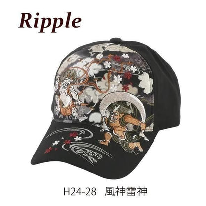 【お取り寄せ★納期 最長 約2週間】Ripple 刺繍 綿 キャップ 風神雷神/黒★大胆に大きく入った刺繍が個性的