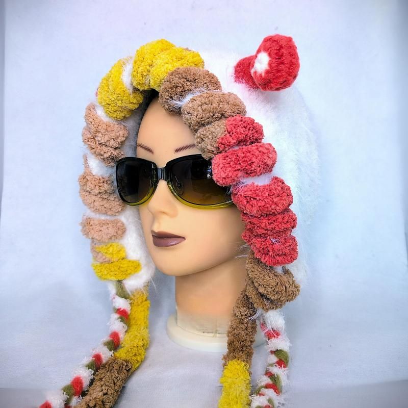 宇宙人ニット帽 エイリアン帽子 ハンドメイド カラフルポンポン 耳あて付き 防寒 個性的 フリーサイズ 小野マッチスタイル邪兄さん愛用 マッ宇人帽子