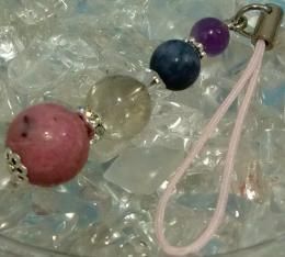 パワーストーン 天然石 ストラップ インカローズ+ルチルクォーツ+天然藍珊瑚+アメジスト ストラップ