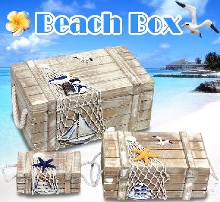 青い海、ヨット、カモメ‥海をテーマにした素敵な宝箱★夏の海辺の小箱★大中小3個セット★青色/茶色