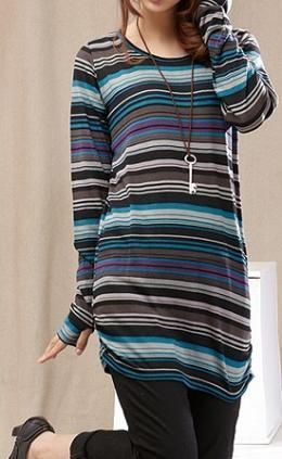 市場最安【大きいサイズ有】ニットソーマルチボーダー指穴開きロングTシャツ