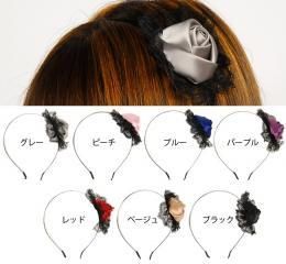 【在庫あり★即納可能】サテンローズ＆レースカチューシャ【ヘアアクセサリー/イベント/パーティ/ゴスロリ/コスプレ小物】