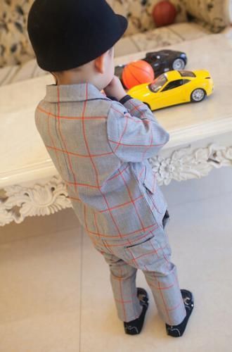 英国風 キッズ チェック柄スーツセット グレー/ダークブルー(ネイビー)★子供用 フォーマルスーツ 2点セット★男の子 七五三 発表会 入学式 身長80cm～120cm【新品★未使用品】
